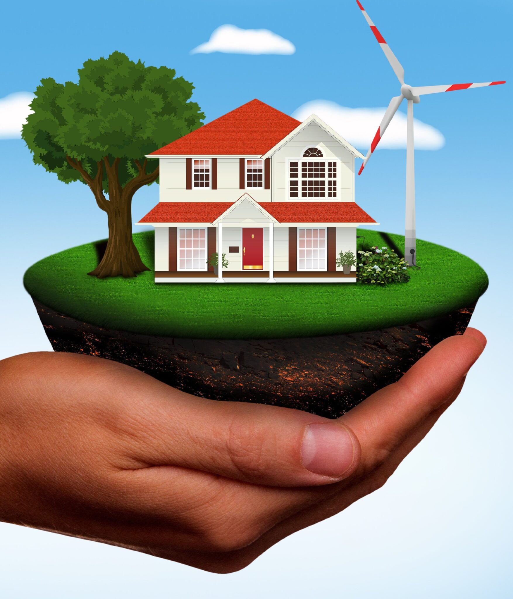 Illustration of a hand holding a house — the green energy revolution